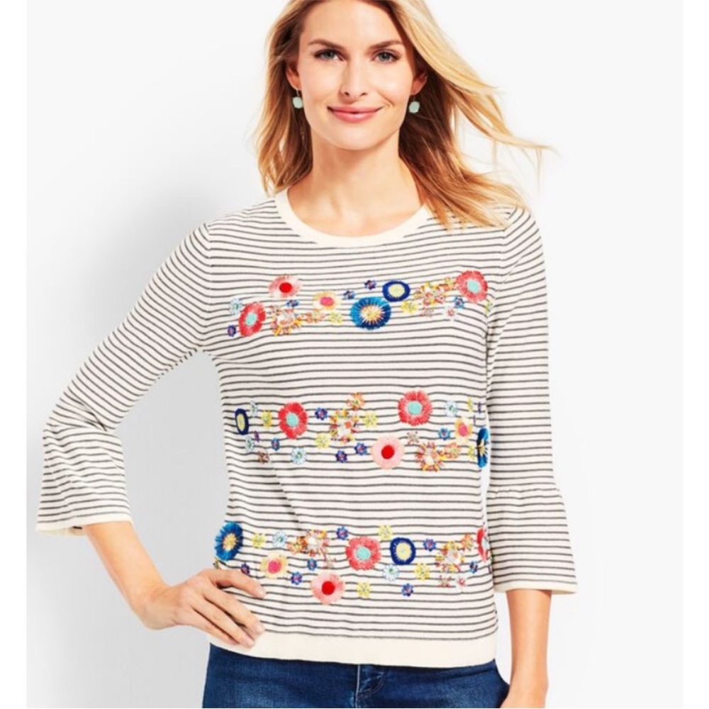 Talbots STRIPED BEADED FLORAL CREW NECK SWEATER Large Petite LP COTTAGECORE